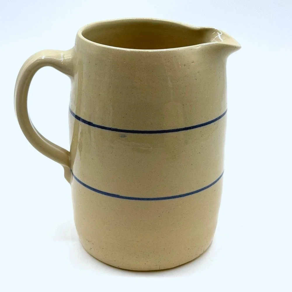 Marshall Pottery Stoneware Pitcher Tan Cobalt Blue Bands Signed Texas 7.5 Inch